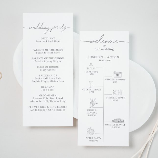 Programme Mariage Élégant Calligraphie Chic Gris Chronologie (Créateur téléchargé)