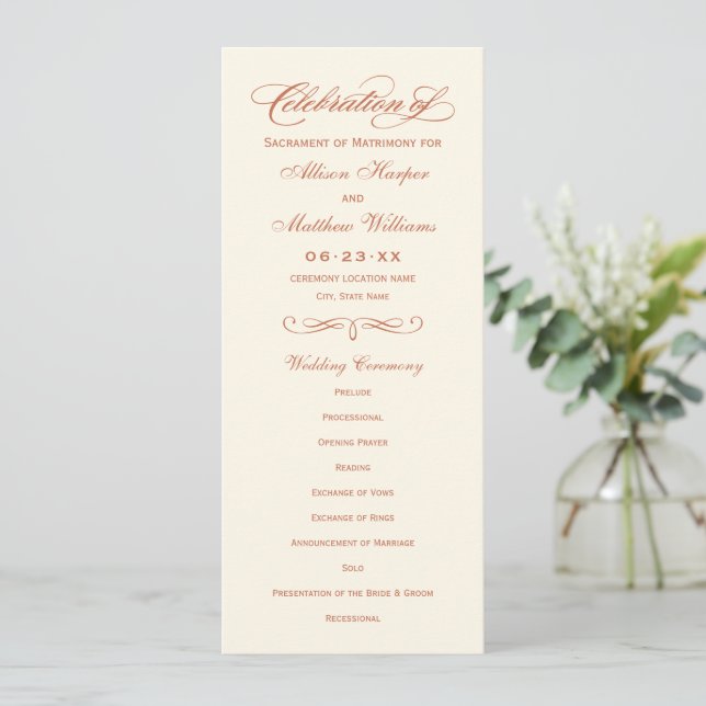 Programme Mariage élégant calligraphié en terre cuite ivoire (Debout devant)