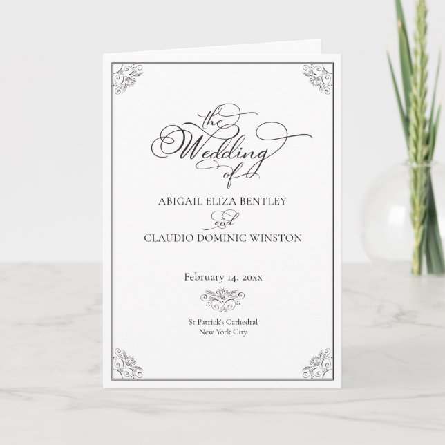 Programme Mariage Élégant Classique Calligraphie Noir & Blan (Devant)