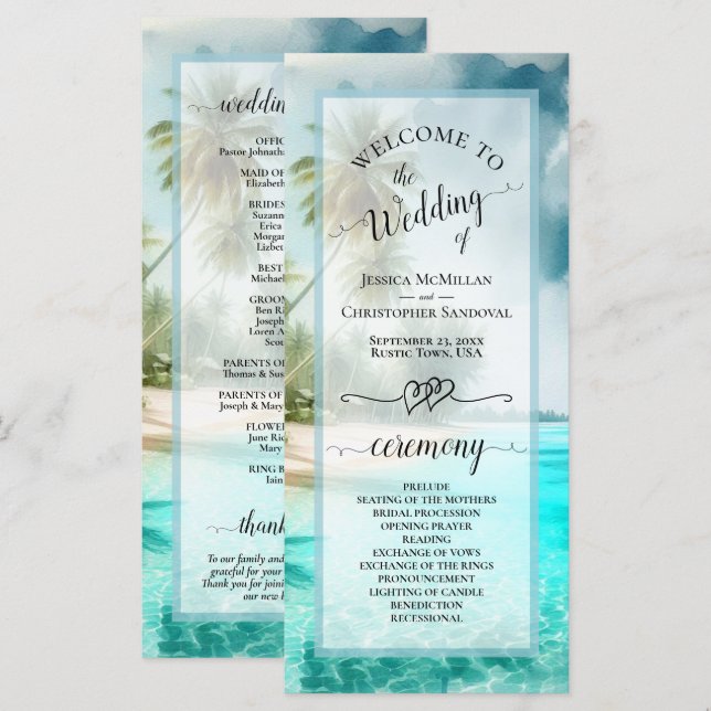 Programme Mariage Élégant de Plage Tropicale avec Palmiers (Devant / Derrière)