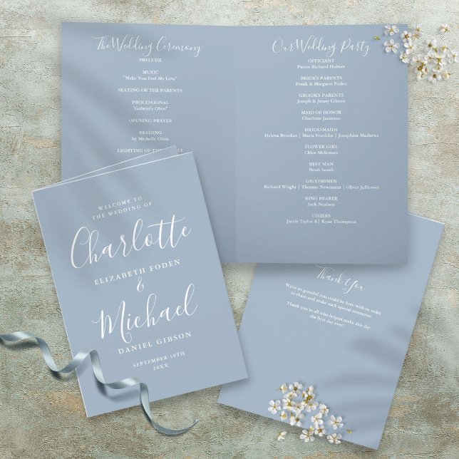 Programme Mariage élégant de signature de bleu poussiéreux d (Dusty Blue Elegant Signature Script Wedding Program)