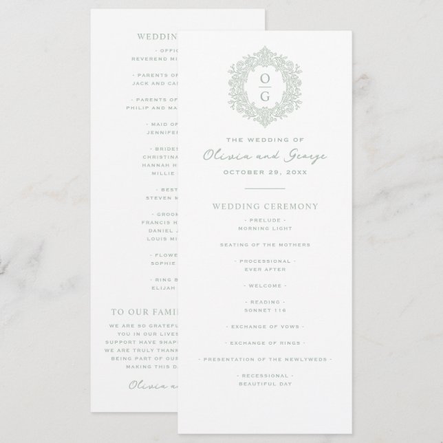 Programme Mariage Élégant de Style Hérité Vert Sauge (Devant / Derrière)