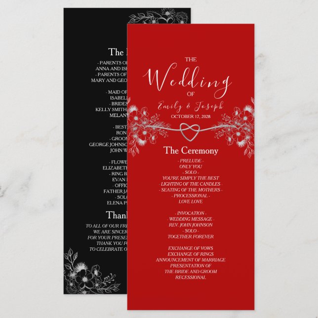 Programme Mariage Élégant Fleurs Noires Rouges (Devant / Derrière)
