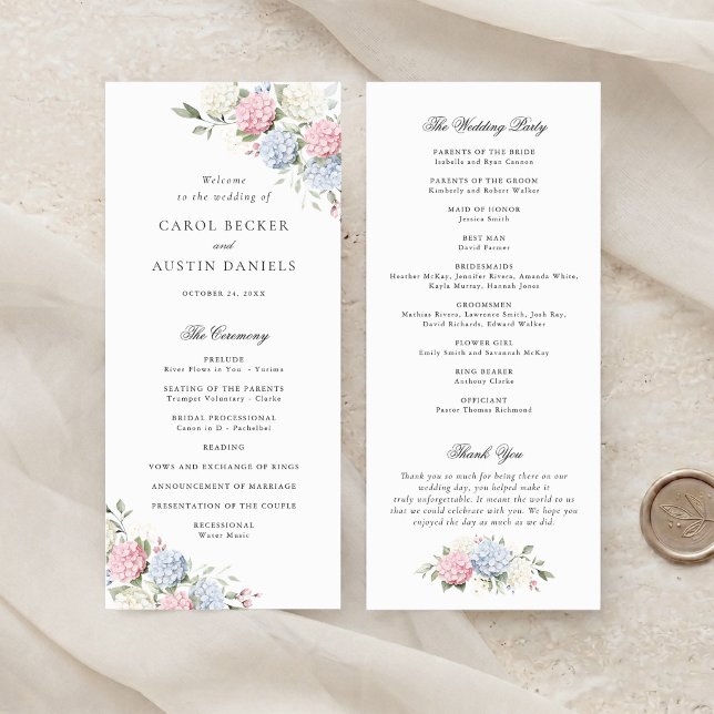 Programme Mariage Élégant Fleurs Roses et Bleues Hydrangea (Créateur téléchargé)