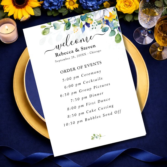 Programme Mariage élégant floral aquarelle jaune et bleu (Créateur téléchargé)