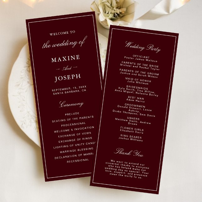 Programme Mariage Élégant Formel Bourgogne et Ivoire (Elegant burgundy and ivory wedding program shares your special day with classic elegance.)