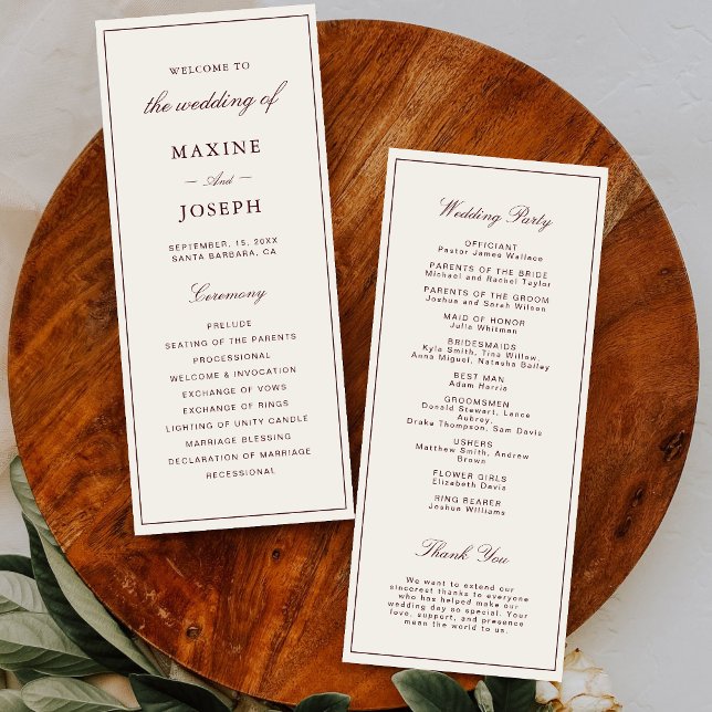 Programme Mariage élégant Formel Ivoire & Bourgogne (Elegant ivory and burgundy wedding program keeps guests informed with timeless style.)