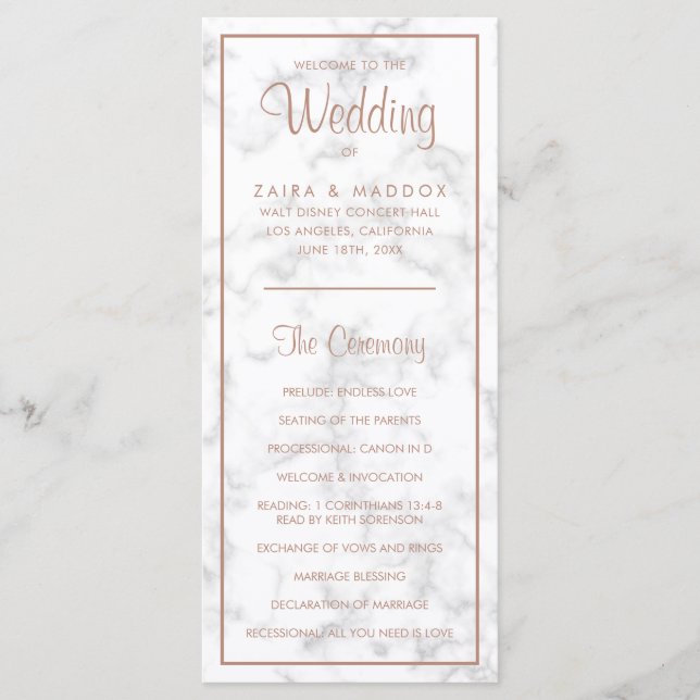 Programme Mariage Élégant Moderne en Rose Gold et Marbre (Devant)