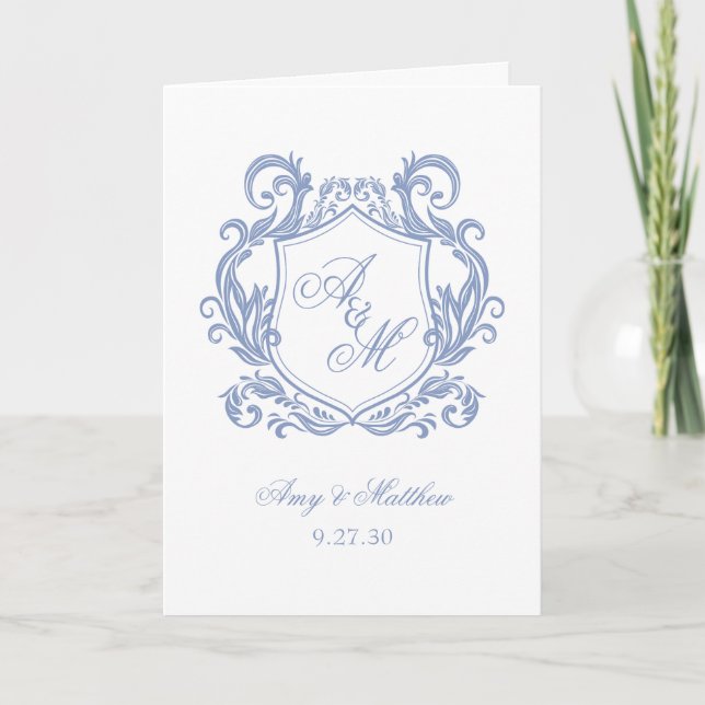 Programme Mariage Élégant Monogramme Bleu Poussiéreux Blason (Devant)