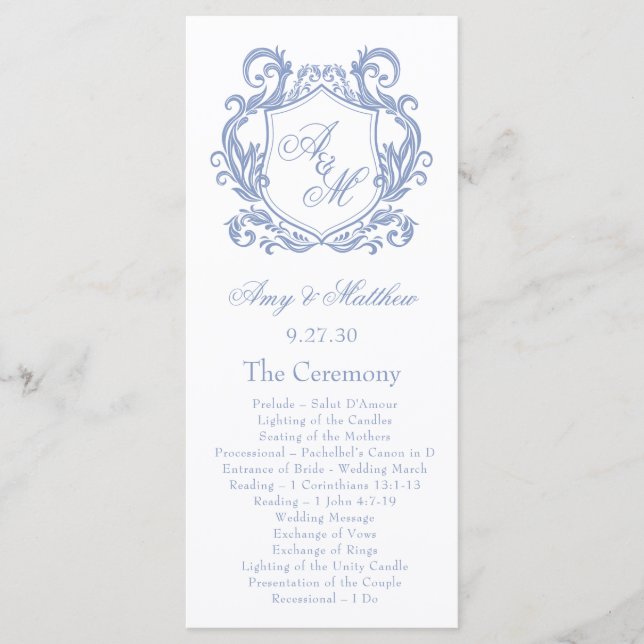 Programme Mariage Élégant Monogramme Bleu Poussiéreux Blason (Devant)