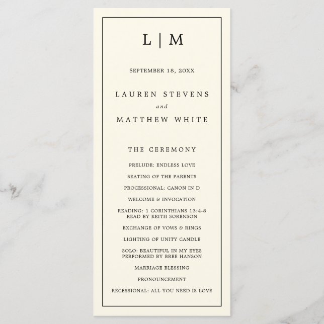 Programme Mariage élégant monogramme jaune beurre moderne (Devant)
