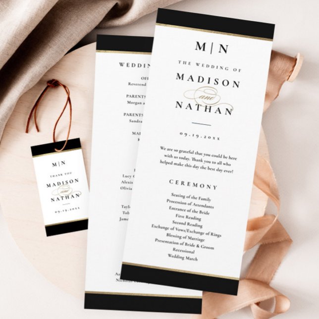 Programme Mariage Élégant Monogramme Noir et Or (Elegant black and gold wedding program. Gift tag sold separately.)