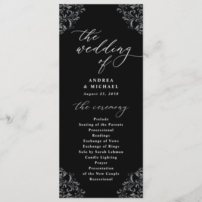 Programme Mariage élégant noir et blanc vintage classique (Devant)