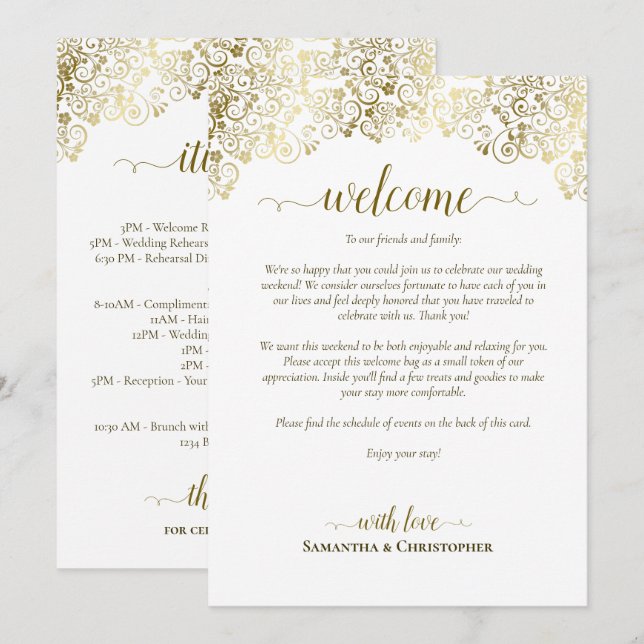 Programme Mariage élégant or et blanc : Message de bienvenue (Devant / Derrière)
