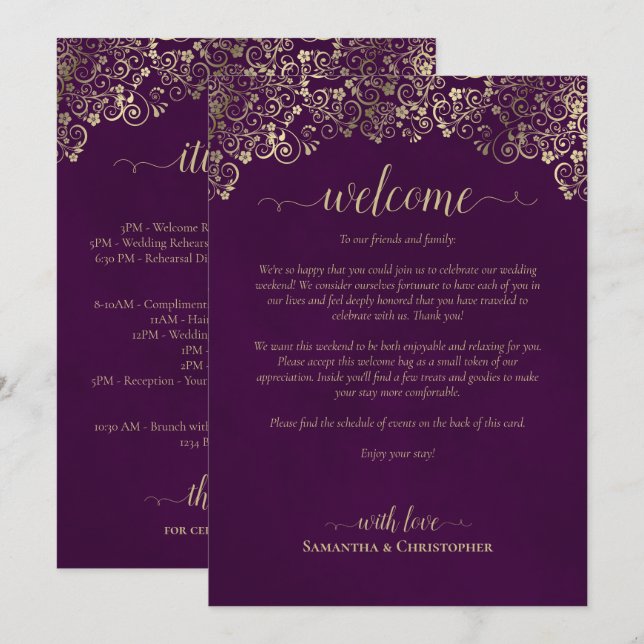 Programme Mariage Élégant Plum & Or : Accueil et Itinéraire (Devant / Derrière)