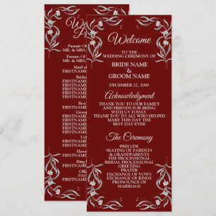 Programme Mariage Élégant Rouge Motif Floral Argent Vintage