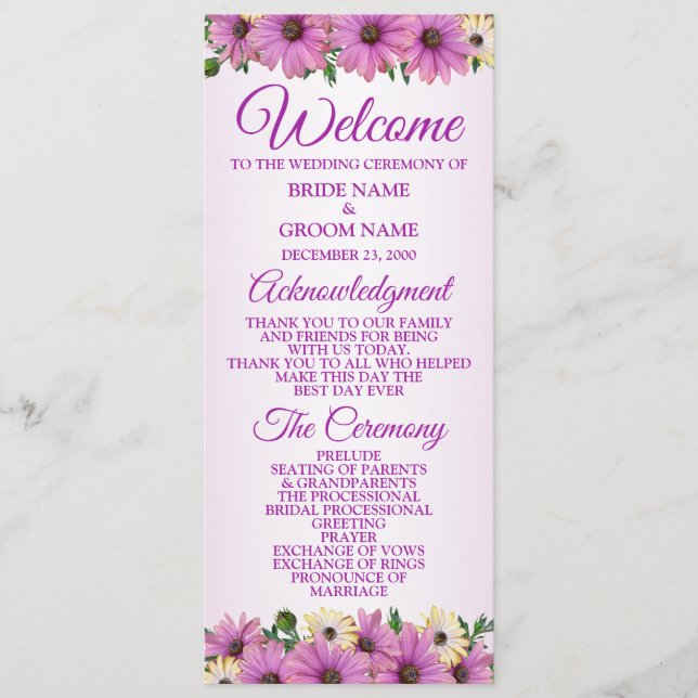 Programme Mariage Élégant Rustique Floral Jaune Rose  (Devant)