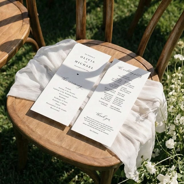 Programme Mariage Élégant Simple Cœur Noir & Blanc (Elegant custom printed wedding programs)