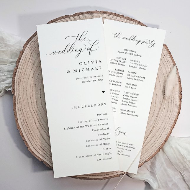 Programme Mariage Élégant Simple Cœur Noir & Blanc (Simple elegant wedding programs with heart and calligraphy. Classic black and white)