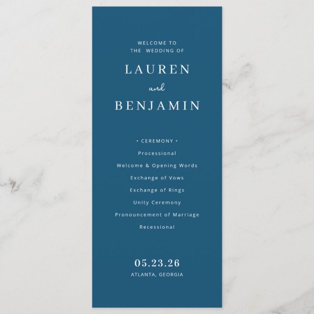 Programme Mariage Élégant Typographique Bleu Marine (Devant)