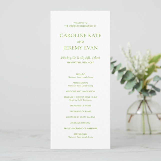 Programme Mariage élégant vert vibrant propre (Debout devant)