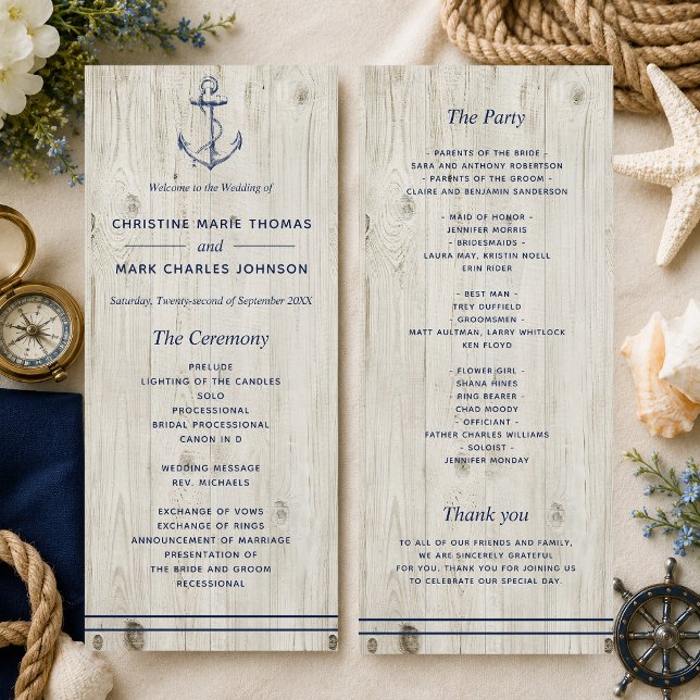 Programme Mariage en Bois Rustique Ancre de la Marine (A nautical-themed program perfect for beach weddings and weddings by the sea! )