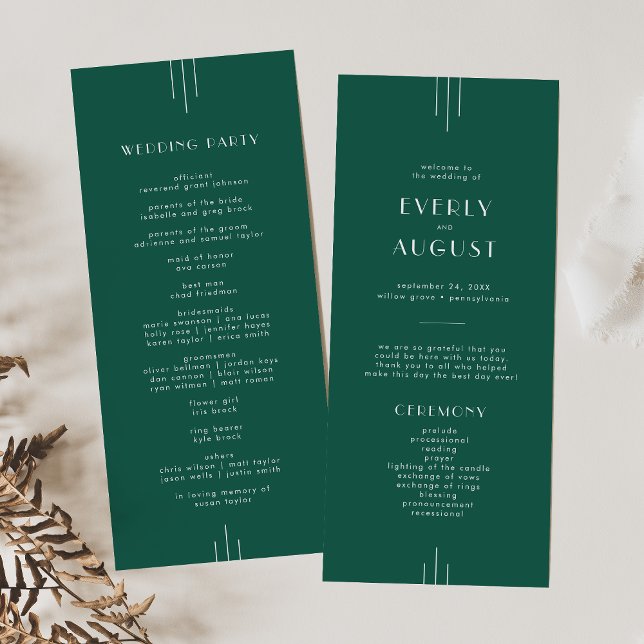 Programme Mariage EVERLY Tons de Bijoux Art Déco Vert Emerau (EVERLY Jewel Tone Art Deco Emerald Green Wedding Program)