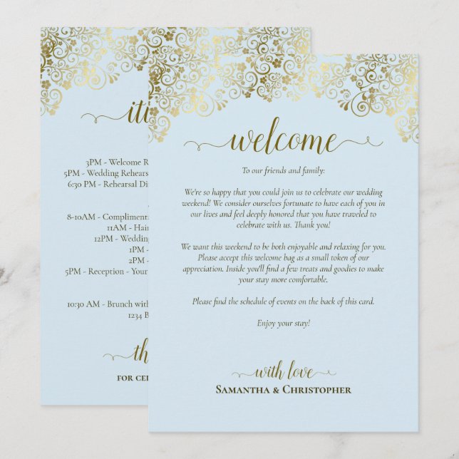 Programme Mariage Fantaisie Bleu Pâle & Or : Bienvenue et Pr (Devant / Derrière)