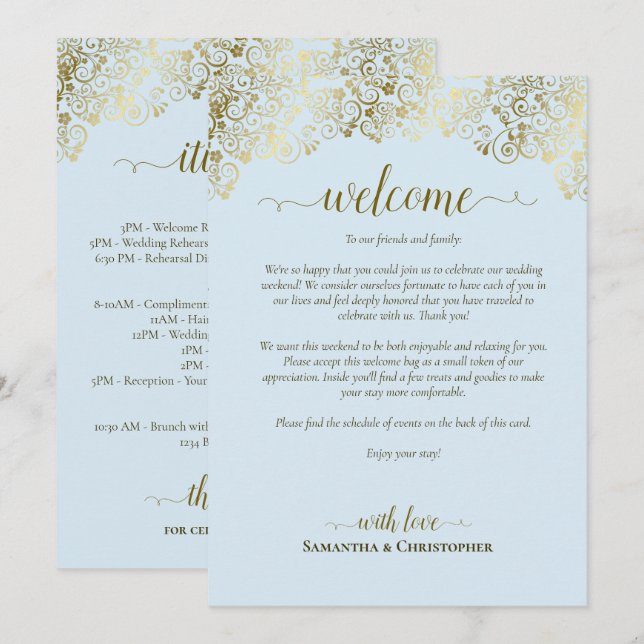 Programme Mariage Fantaisie Bleu Pâle & Or Bienvenue & Itiné (Devant / Derrière)