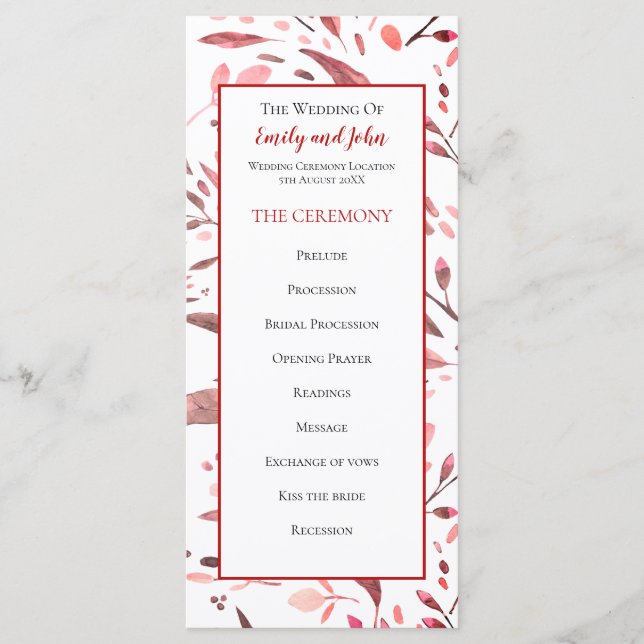 Programme Mariage Feuille Sangria Red Watercolor (Devant)