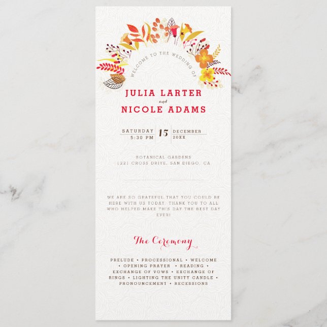 Programme Mariage Fleur de Boho Orange Violet Feuillage (Devant)