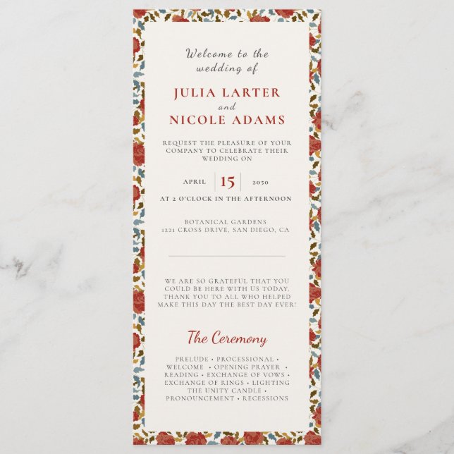 Programme Mariage Fleur de Rose Rouge Dorée Élégante Poussié (Devant)