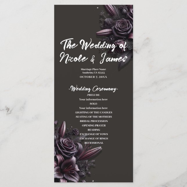 Programme Mariage Fleur Rose Lily Pourpre & Noir Baie  (Devant)