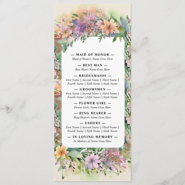 Programme Mariage Fleur sauvage Whimsical Pastel Watercolor (Dos)
