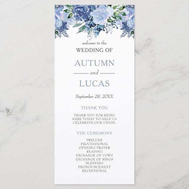 Programme Mariage Fleuris Aquarelle Bleu Poussiéreux (Devant)