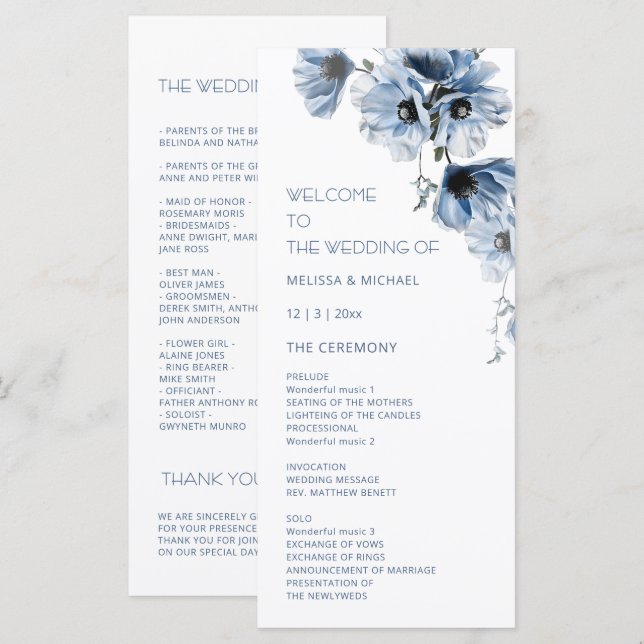 Programme Mariage Fleurs Bleues Artistiques (Devant / Derrière)