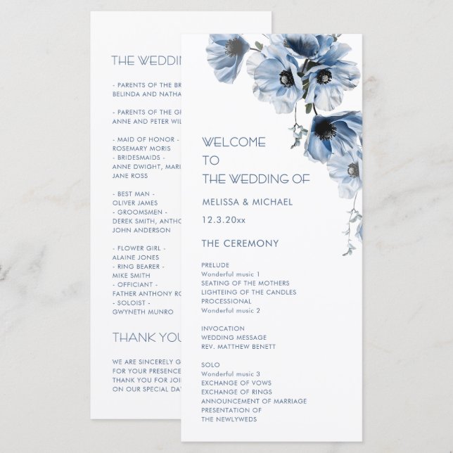 Programme Mariage Fleurs Bleues Artistiques (Devant / Derrière)