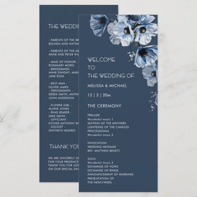 Programme Mariage Fleurs Bleues Artistiques (Devant / Derrière)