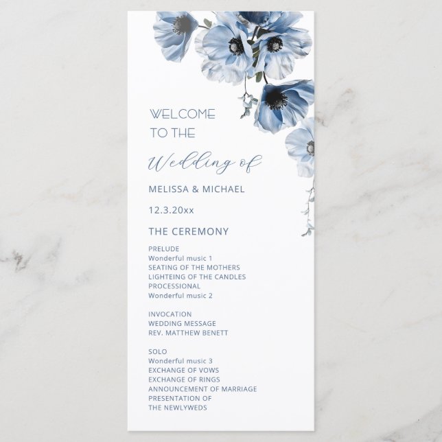 Programme Mariage Fleurs Bleues Artistiques (Devant)
