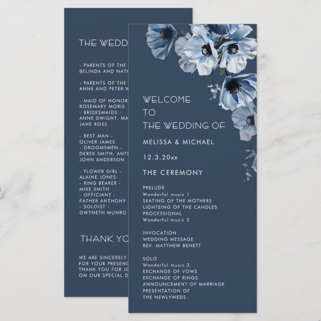 Programme Mariage Fleurs Bleues Artistiques (Devant / Derrière)