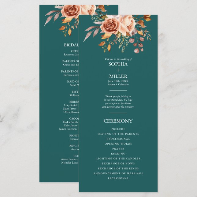 Programme Mariage floral à l'aquarelle sarcelle et terre cui (Devant / Derrière)