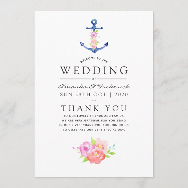 Programme Mariage floral à thème nautique à l'aquarelle avec (Devant)