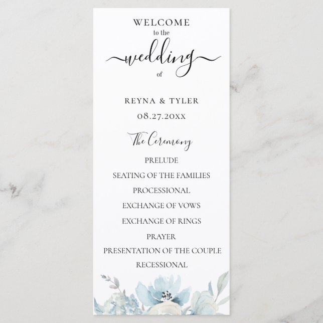 Programme Mariage Floral Aquarelle Bleu Pâle Poussiéreux (Devant)