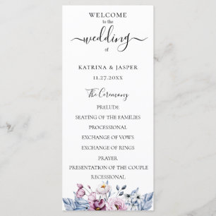 Programme Mariage Floral Aquarelle Bleu Poussiéreux Mauve
