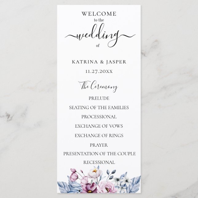 Programme Mariage Floral Aquarelle Bleu Poussiéreux Mauve (Devant)