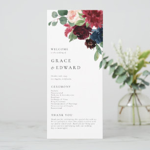 Programme Mariage Floral Aquarelle Bourgogne et Bleu Nuit