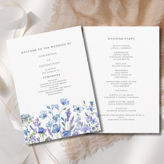 Programme Mariage floral aquarelle fleur bleue sauvage  (Créateur téléchargé)