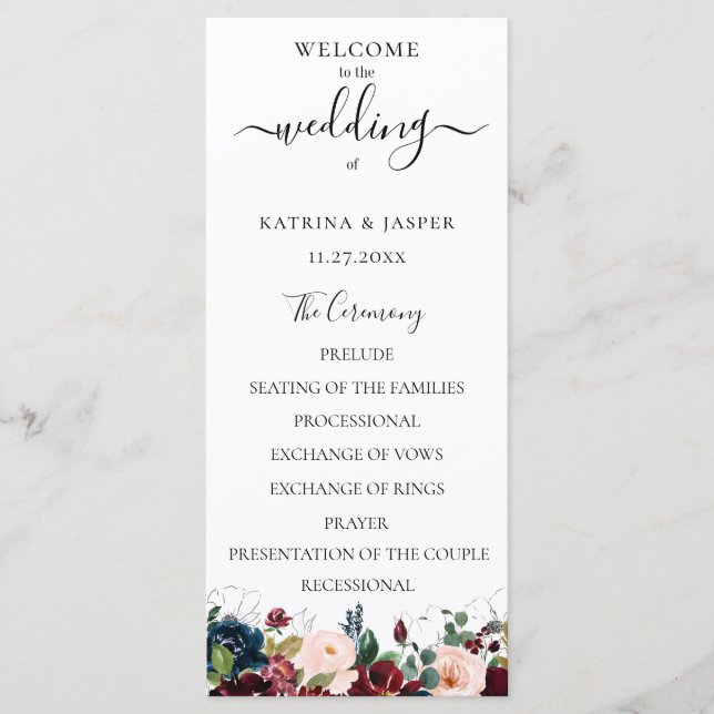 Programme Mariage Floral Aquarelle Navy et Rouge Bourgogne (Devant)
