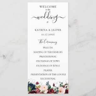 Programme Mariage Floral Aquarelle Navy et Rouge Bourgogne