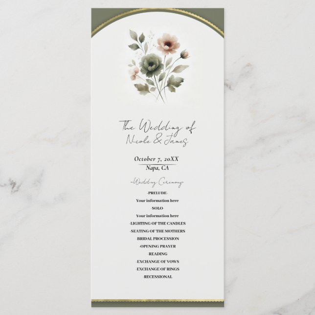 Programme Mariage Floral Aquarelle Olive Poussiéreuse Et Or (Devant)